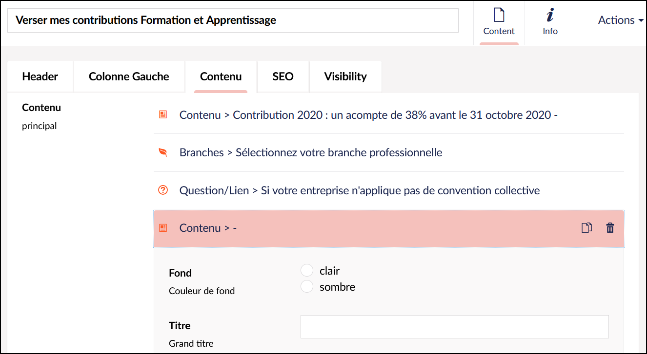 Exemple d'interface d'édition de contenu sur Umbraco