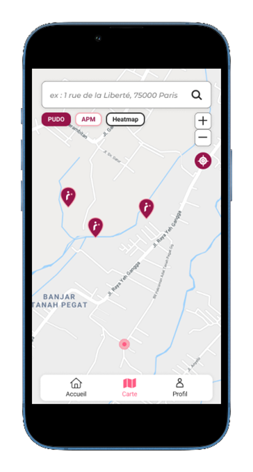 Onglet “Carte” de l’application PWA en vue manager (avec possibilité d’afficher les points relais (PUDO), les lockers (APM) et une headmap)