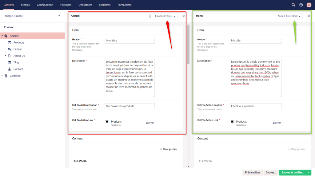 Choix de la langue d'un contenu sur Umbraco 8.