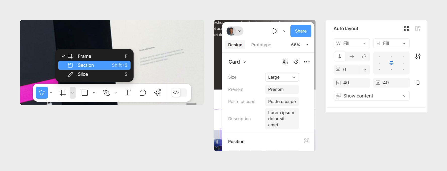 La barre d’outil se trouve au bas de l’écran, pour un espace de travail plus clair ; tandis que le panneau de propriété, plus synthétique que le précédent, présente un auto-layout amélioré. © Goweb