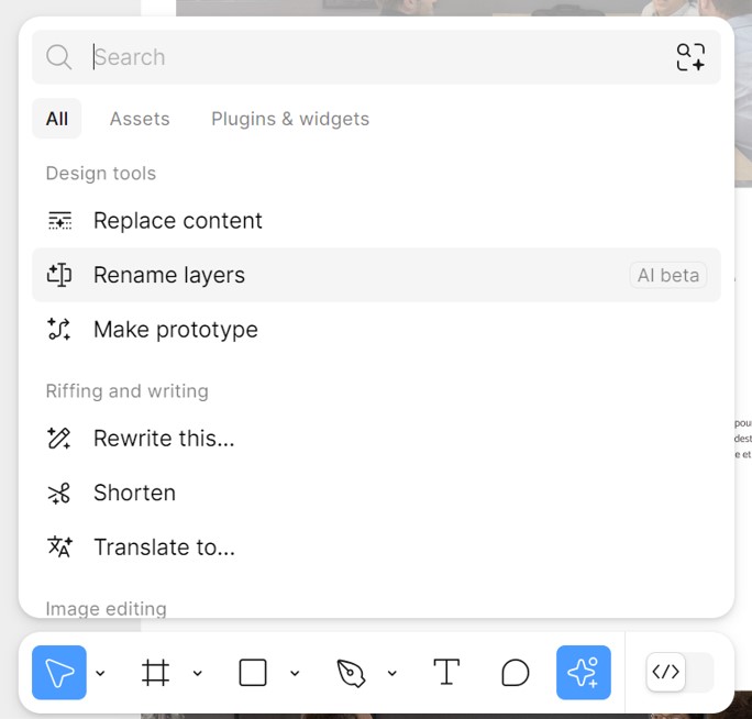 Le bouton « Actions » de la barre d’outils renferme maintenant toutes les fonctionnalités liées à l’intelligence artificielle (en plus des sections « Assets » et « Plugins » déjà présentes auparavant). © Goweb