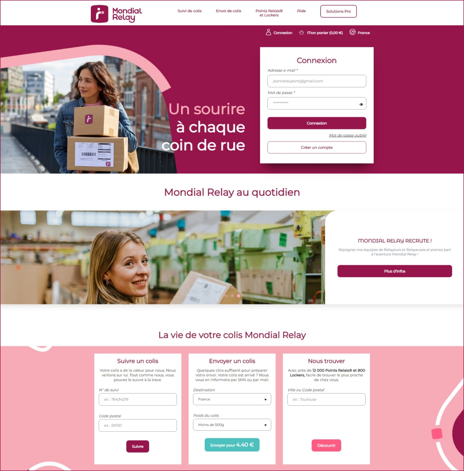 Capture d'écran de la nouvelle page d'accueil du site mondialrelay.fr