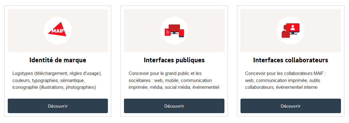 Exemples de rubriques du Design System de la MAIF