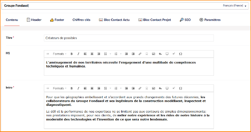 Capture du backoffice du site Fondasol sur Umbraco.